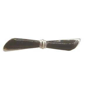 Monet Jewelry Black Enamel Bow Brooch Long Thin Silver Tone Signed Pin